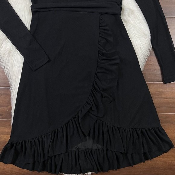 Ganni Size 34 Black Addison Ruffle Dot Mesh Wrap Dress Long Sleeve - Picture 3 of 11